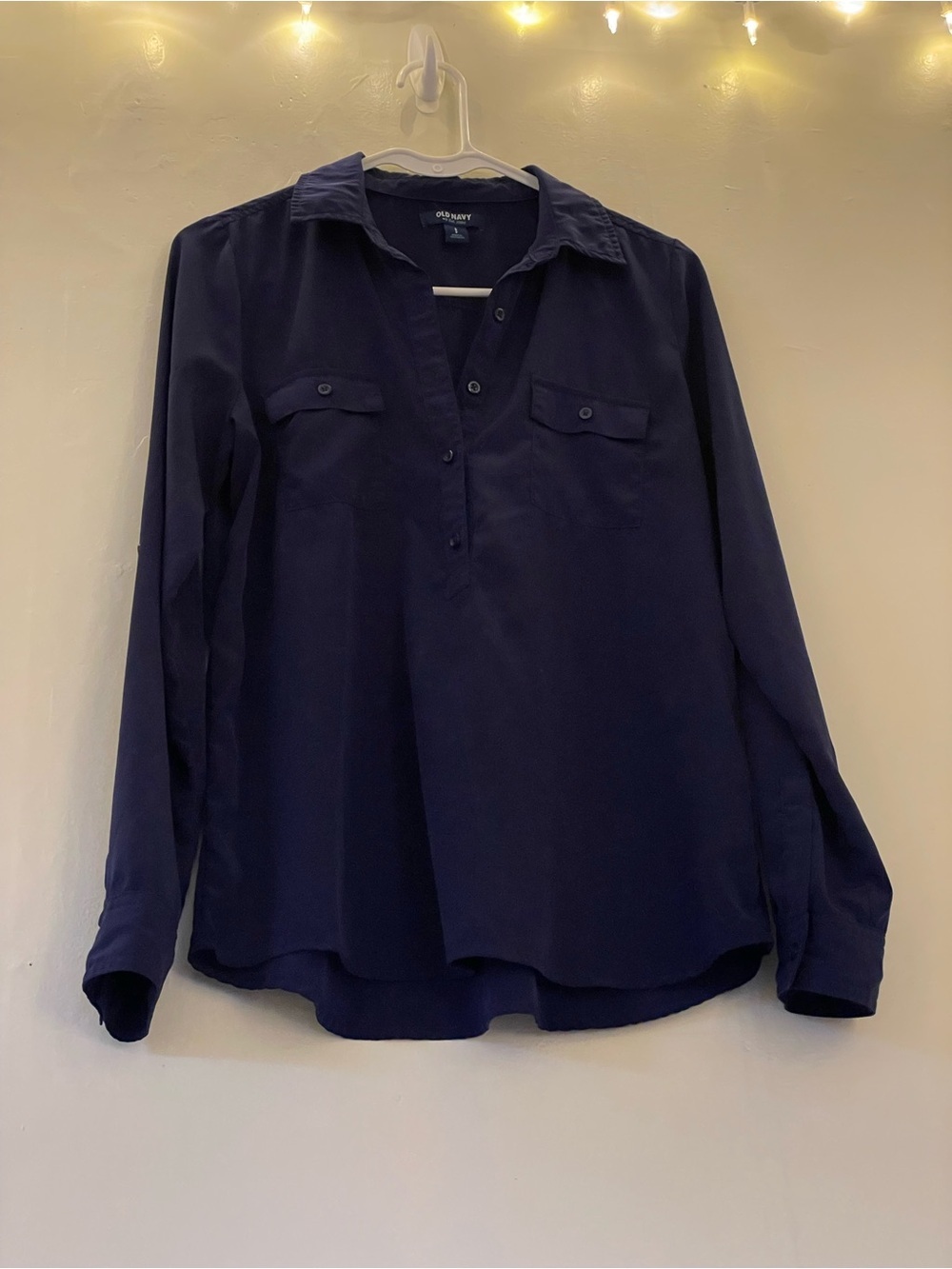 Old Navy Navy Blue Satin Look Button-Down Blouse Classic Office Work Longsleeve - Picture 7 of 11